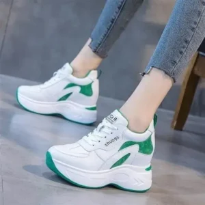 Nanpra Women Fashion Round Toe Platform Medium Heel Lace-Up Colorblock Sneakers