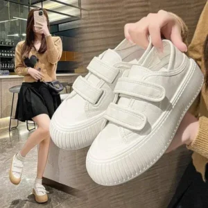 Nanpra Women Fashion Round Toe Thick Sole Velcro Pu Sneakers