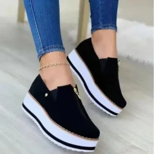 Nanpra Women Fashion Retro Style Elastic Band Thick Sole Solid Color Mid-Slip Sneakers