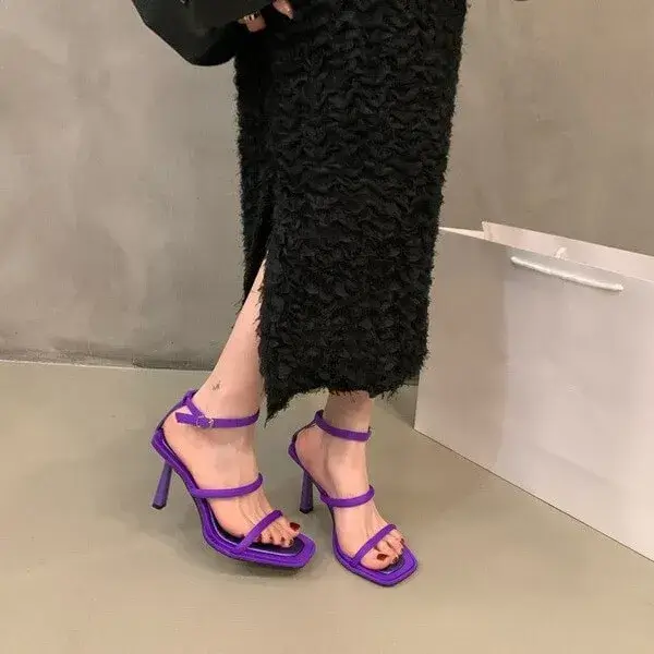 Nanpra Women Fashion Sexy Simple Strap Square Toe Heeled Sandals