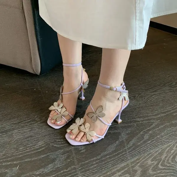 Nanpra Summer Women Fashion Sexy Butterfly Square Toe Heeled Sandals