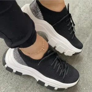 Nanpra Wedge Heel Flying Woven Colorblock Lace-Up Sneakers Large Size Casual Low Top Women Shoes