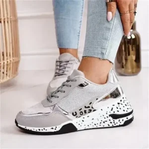 Nanpra Women Fashion Casual Leopard Print Color Matching Lace-Up Platform Sneakers