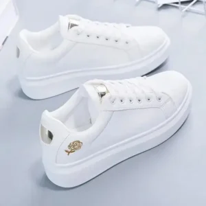 Nanpra Women Casual Fashion Rose Embroidery Thick-Soled Comfortable PU Leather White Sneakers