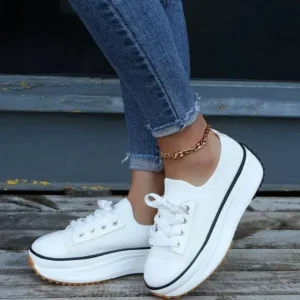 Nanpra Women Simple Casual Knit Upper Thick-Soled Lace-Up Sneakers