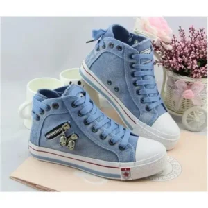 Nanpra Women Casual Spring Zipper Decor Lace-Up High Top Denim Canvas Sneakers