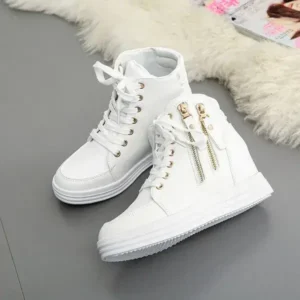 Nanpra Women Fashion Solid Color Side Zipper Lace-Up Round Head Thick-Soled Sneakers