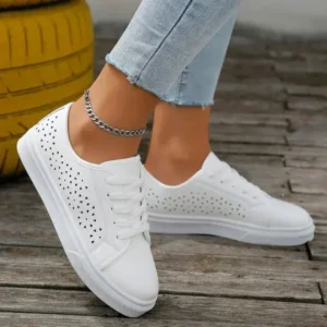 Nanpra Women Fashion Solid Color Plus Size Hollow Lace-Up Round-Toe Sneakers