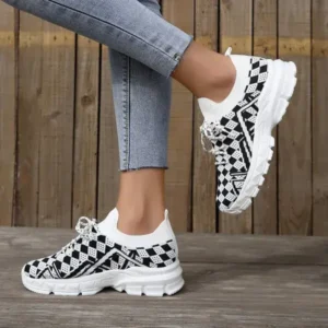 Nanpra Summer Women Fashion Casual Geometric Print Fly-Woven Lace-Up Sneakers