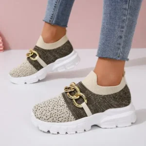 Nanpra Women Fashion Color Block Metal Chain Thick-Soled Breathable Fly-Woven Sneakers