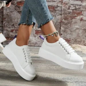 Nanpra Women Fashion Solid Color Round-Toe Lace-Up Thick-Soled Sneakers