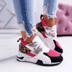 Nanpra Women Casual Leopard Printed Patchwork Lace Up Sneakers