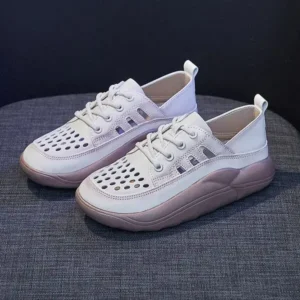 Nanpra Women Fashion Casual Solid Color PU Lace-Up Hollow Breathable Sneakers