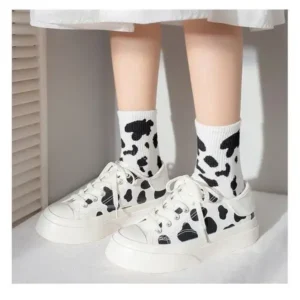 Nanpra Women Fashion Platform Cute Cow Pattern Lace-Up Sneakers