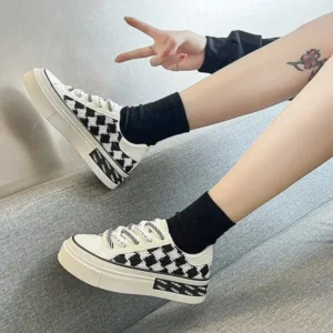 Nanpra Women Fashion Platform Checkerboard Canvas Sneakers