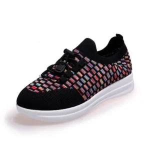 Nanpra Women Fashion Low-Top Lace-Up Platform Color-Block Fly-Knit Sneakers