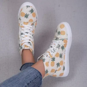 Nanpra Women Fashion Round Toe Lace-Up Pineapple Strawberry Flat Sneakers