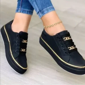 Nanpra Women Thick Bottom Chain Casual Round Toe Fashion Pu Sneakers