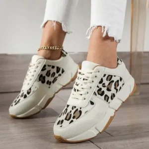 Nanpra Women Fashion Round Toe Stitching Lace Up Low Top Leopard Sports Sneakers